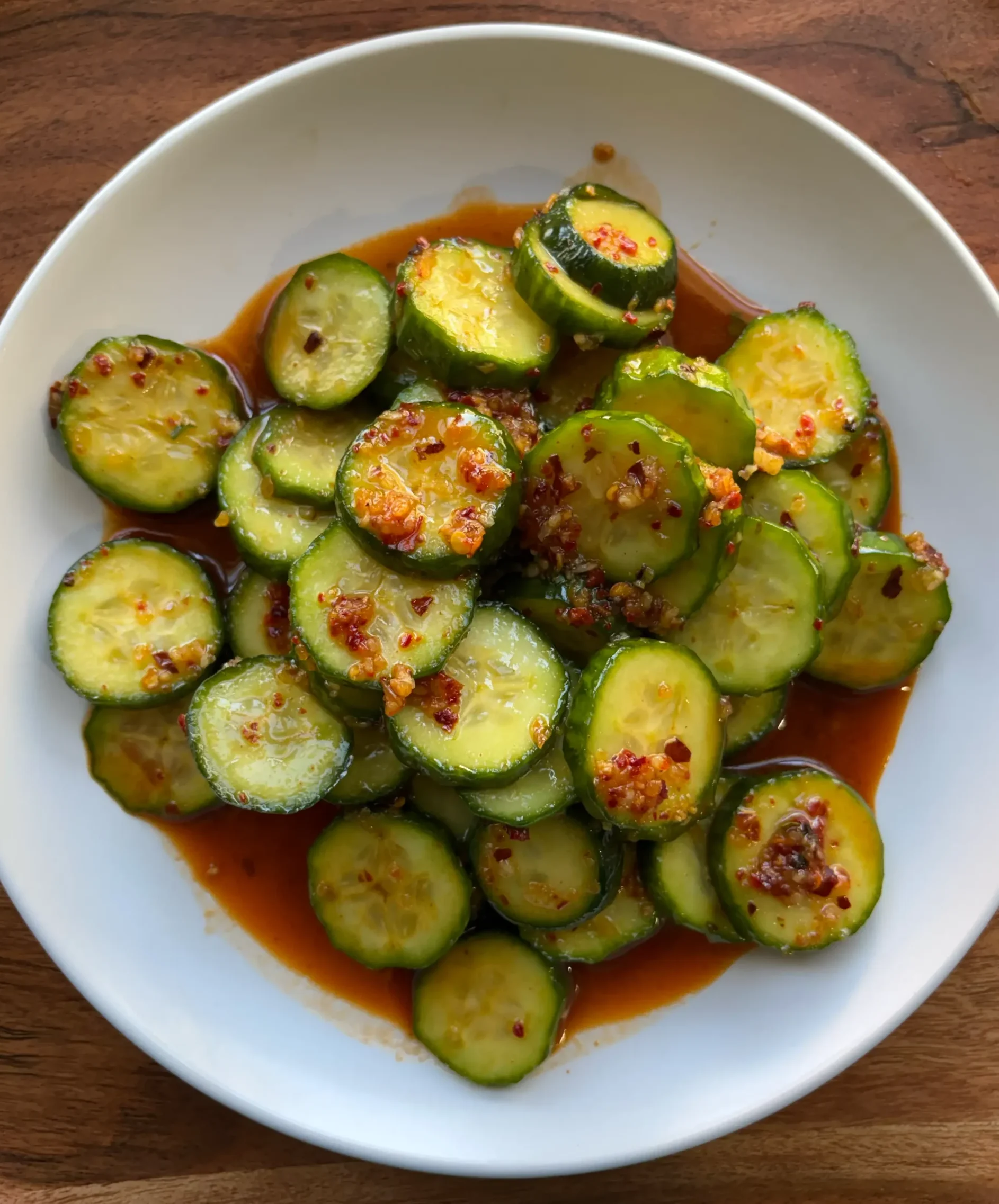 Sliced cucumbers in a spicy chili oil dressing. Chili crunch is drizzled on top. 