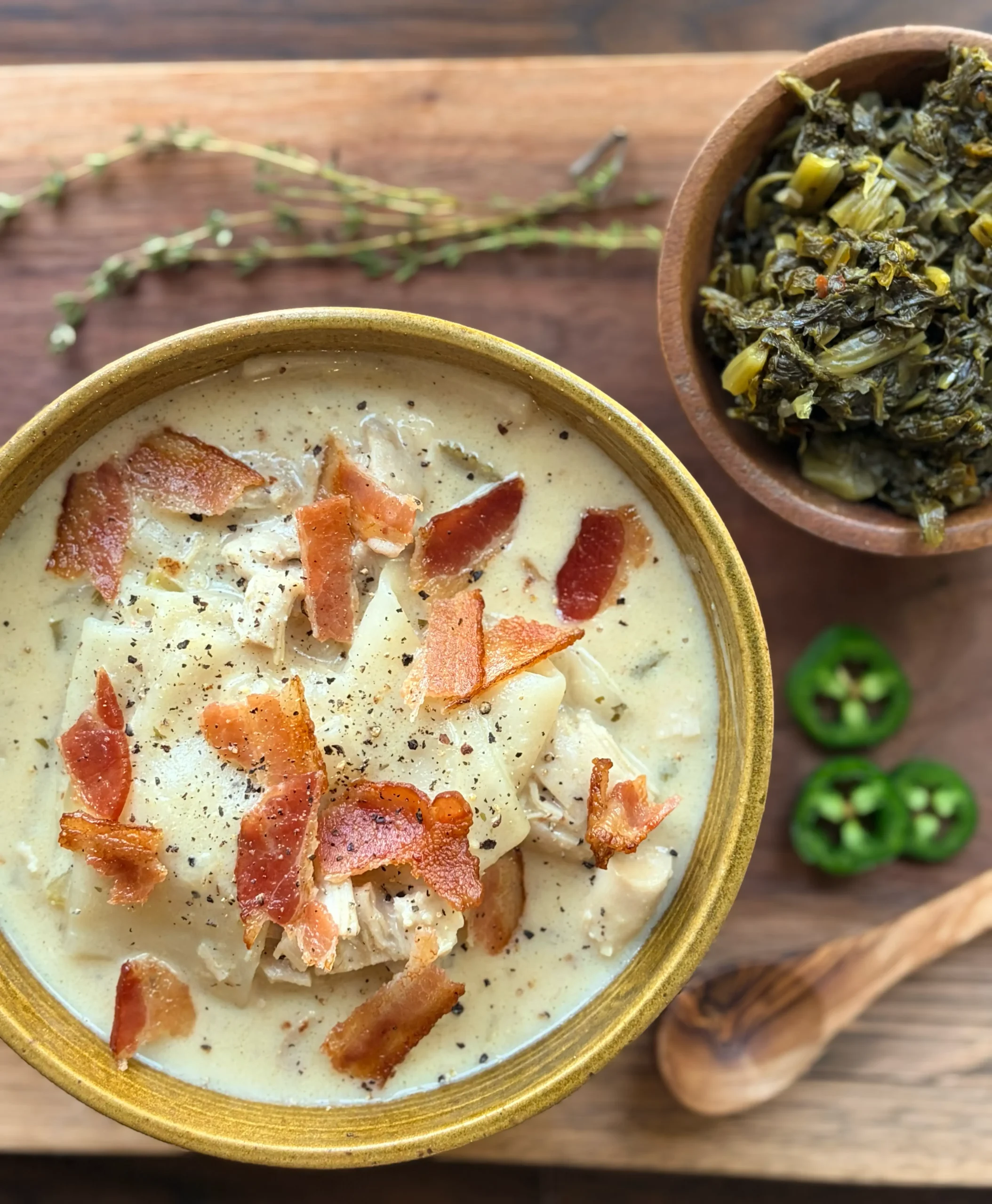 Bowl of chicken and dumplings with bacon on top. A side of turnip greens in a bowl with a wooden spoon and sliced jalapenos. 
