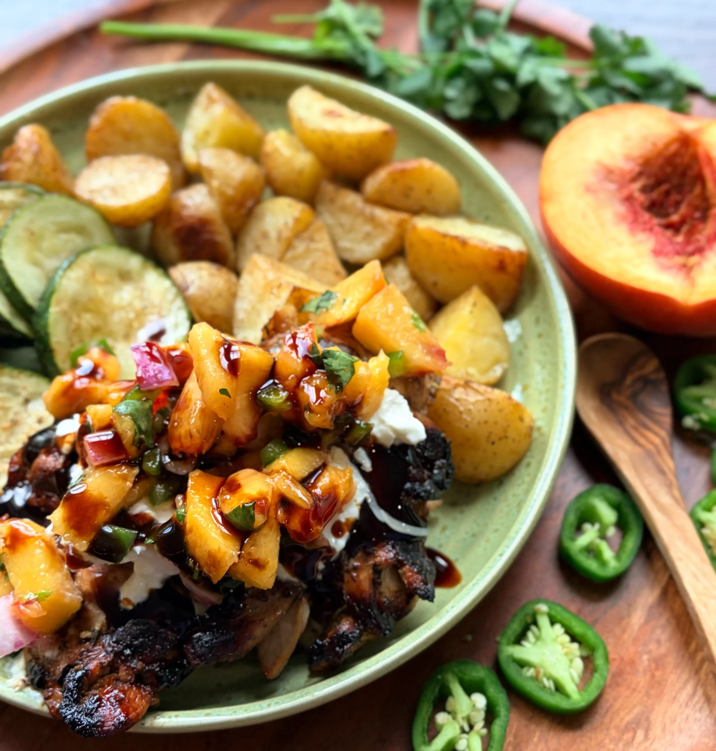 Balsamic glazed chicken with fresh peach salsa. Roasted potatoes and sliced zucchini on a green plate.