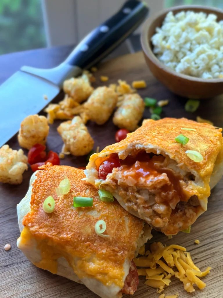 Buffalo chicken tater tot burrito with blue cheese crumbles.