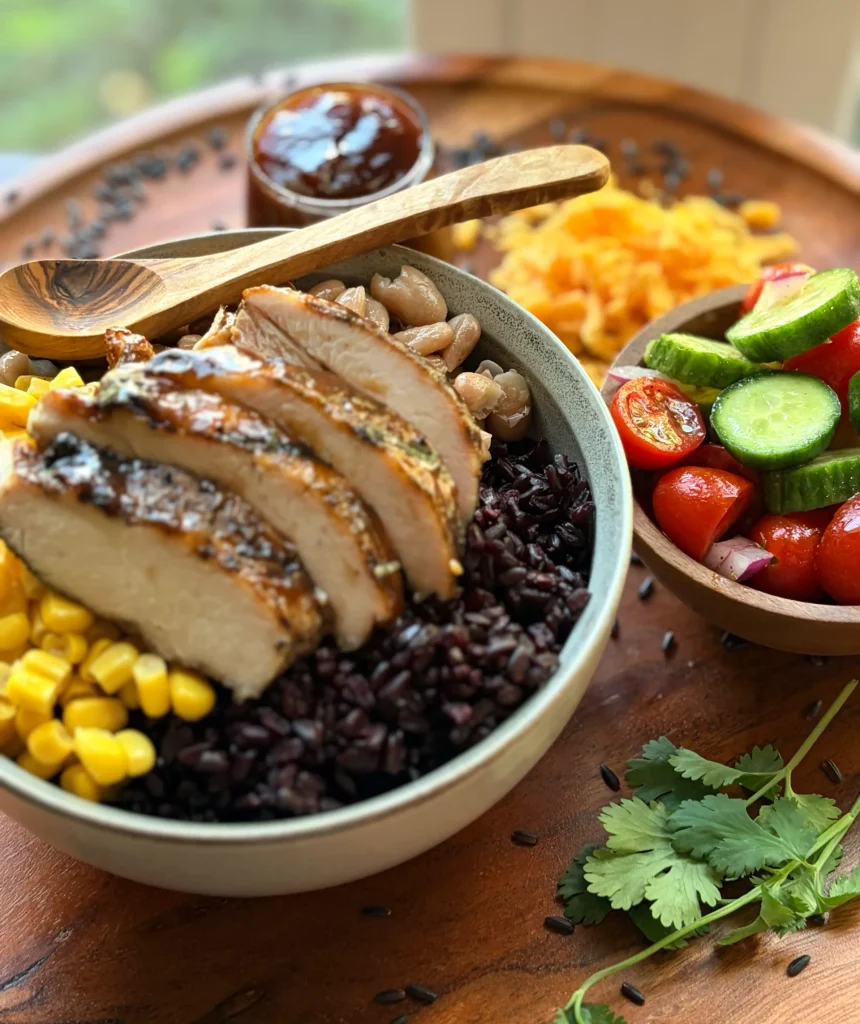 BBQ chicken rice bowl with a side of cucumber tomato salad and shredded cheese.