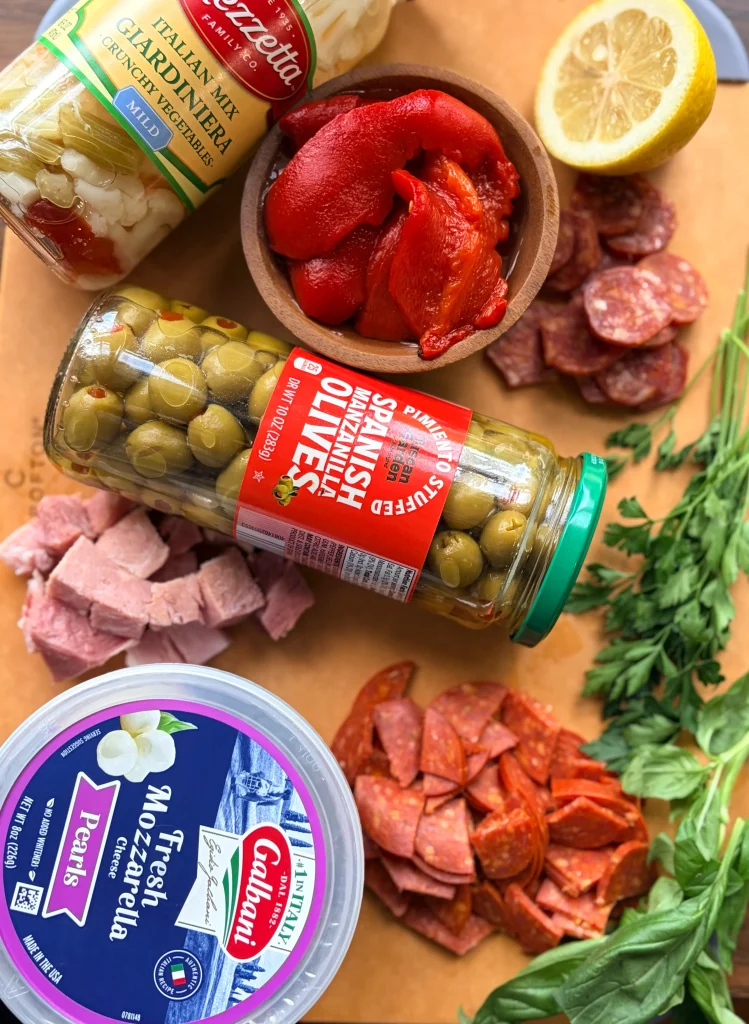 Ingredients for muffuletta pasta salad.