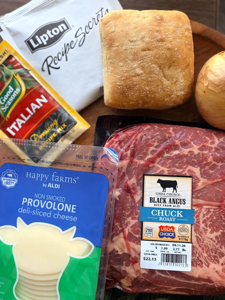 Ingredients for french dip sandwiches in the crockpot.