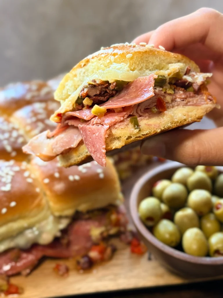 Muffuletta hawaiian roll sliders for gameday.