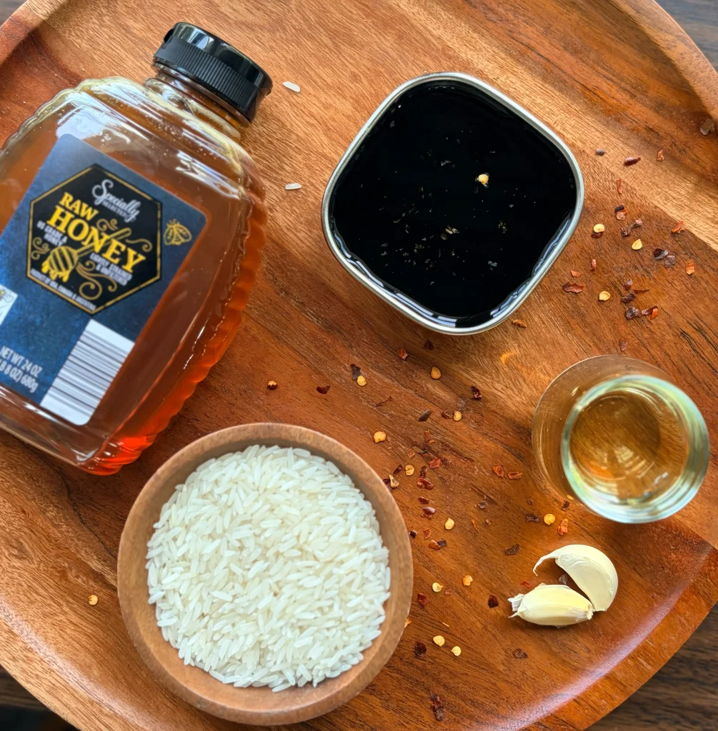Soy sauce white wine vinegar honey and uncooked rice.