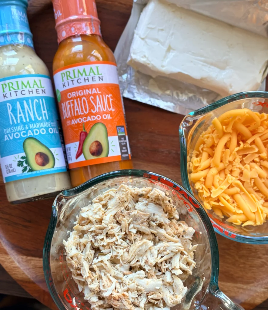 Ingredients for seed oil free buffalo chicken dip.