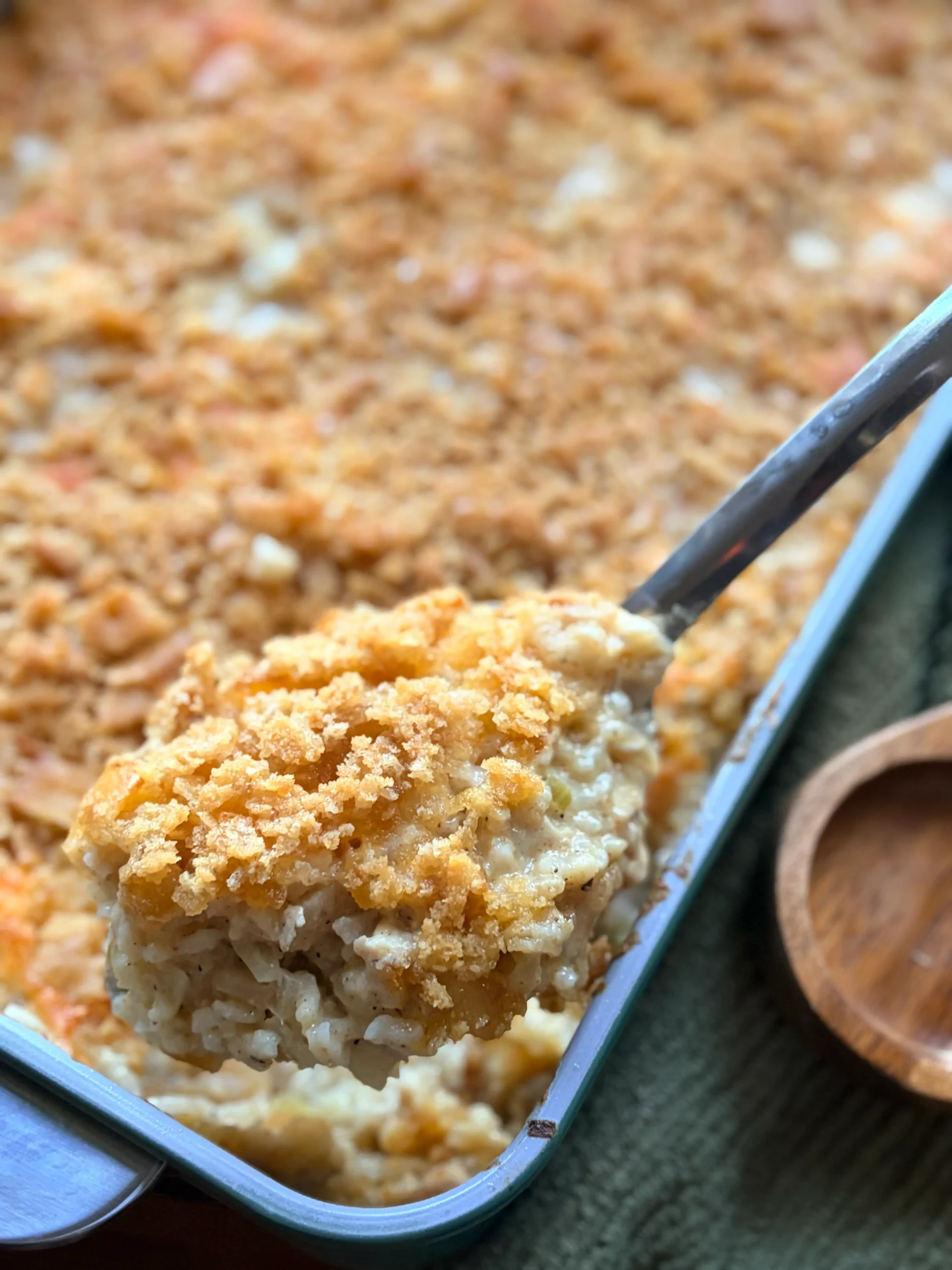 Creamy chicken and rice casserole with ritz crackers.
