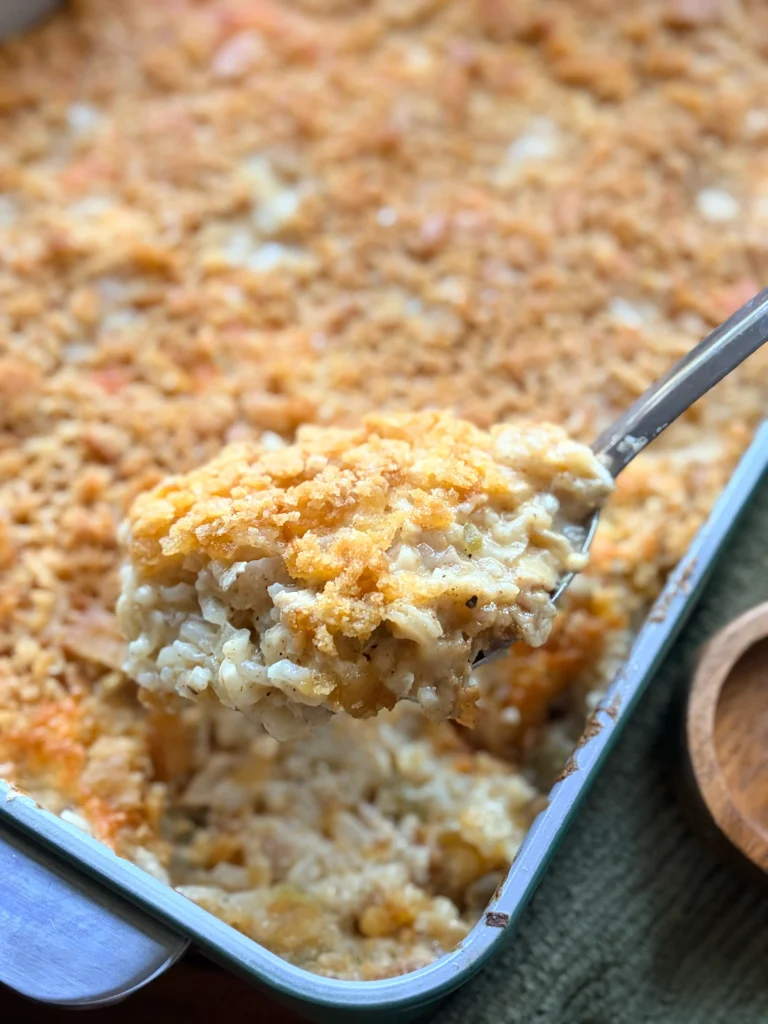 Creamy chicken and rice casserole with ritz crackers.