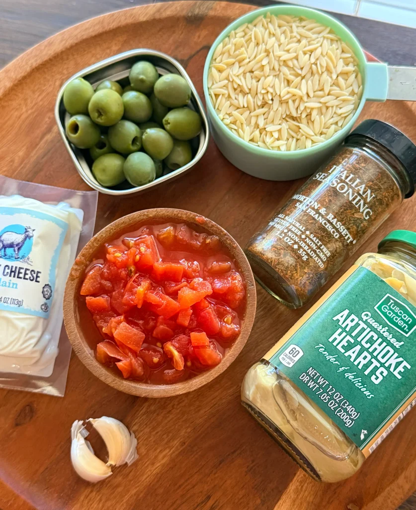 Ingredients for braised chicken and orzo dinner.