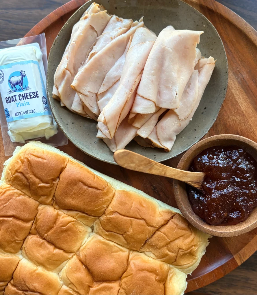 Ingredients for goat cheese turkey and pepper jelly sliders.