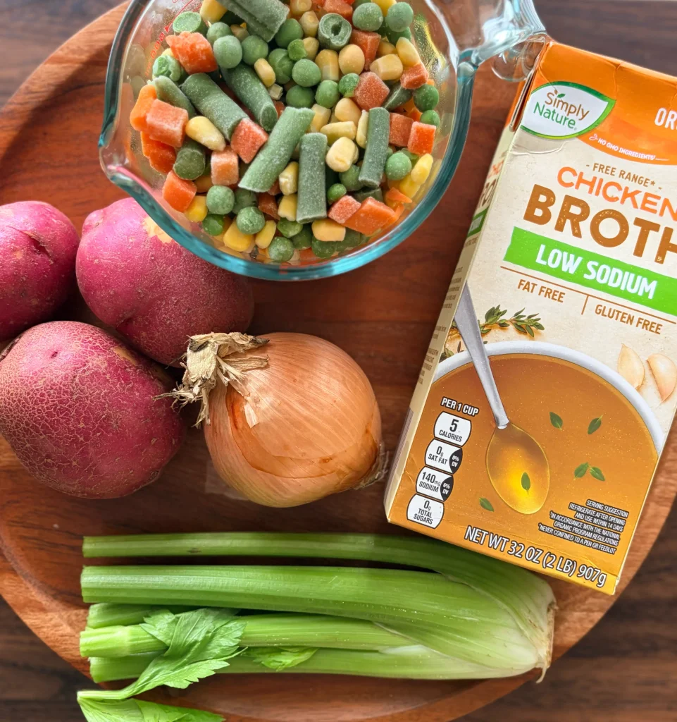 Ingredients for cajun chicken pot pie soup.