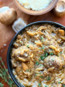 Creamy parmesan and mushroom orzo skillet.