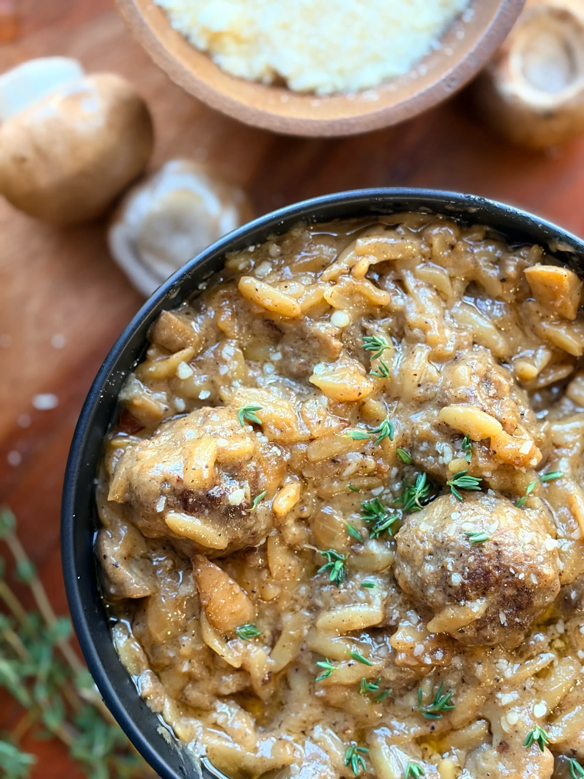 Creamy parmesan and mushroom orzo skillet.