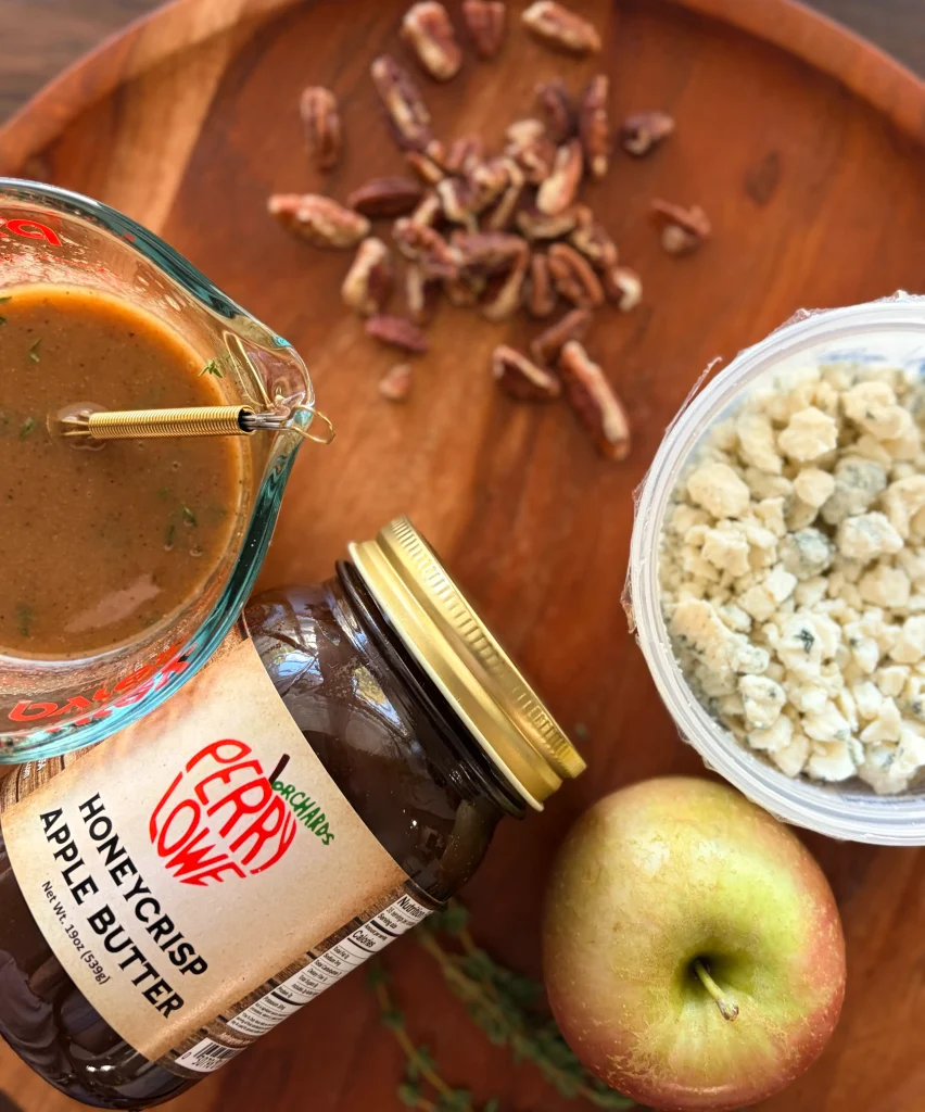 Ingredients for orchard salad with apple butter vinaigrette.