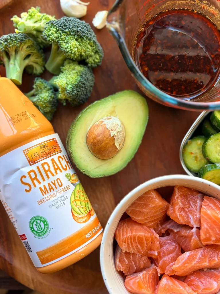 Salmon rice bowl ingredients.