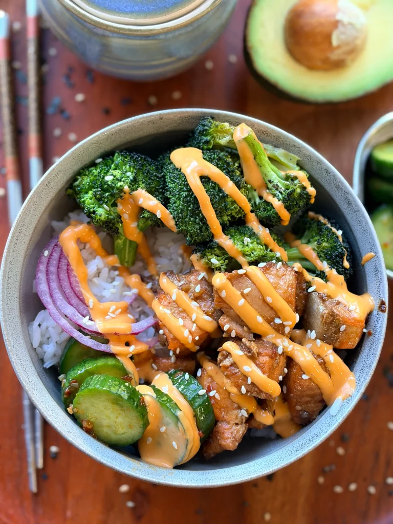 Sticky salmon rice bowls.